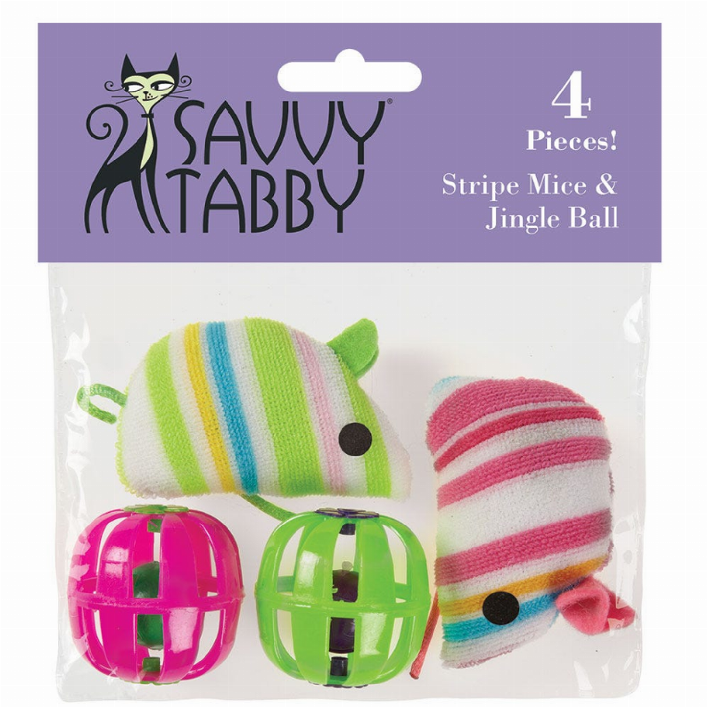 Savvy Tabby Stripe Mice & Jingle Ball Cat Toys, 4-Pack