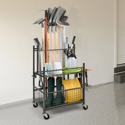 Garden tool organizer holding rakes and shovels upright