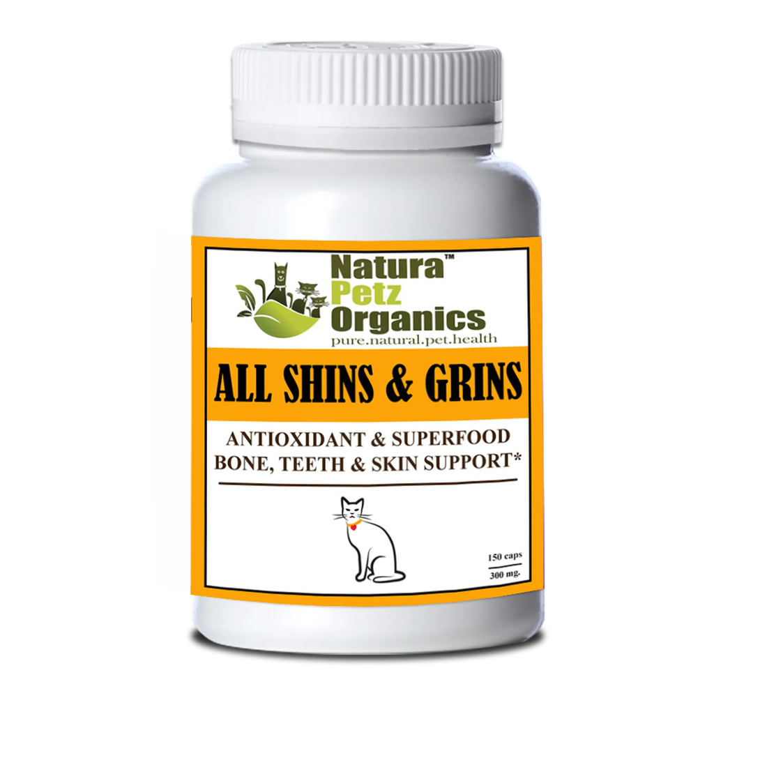 All Shins & Grins Capsules for cats, 150 count, front label