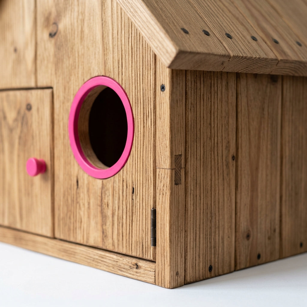 Close-up of the barn pet house's coffee-tone cloth exterior