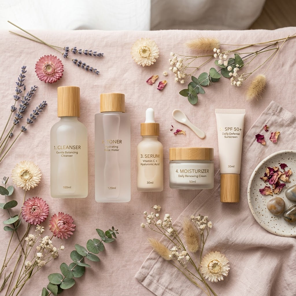 5-Step Complete Skincare Routine Set lifestyle flatlay