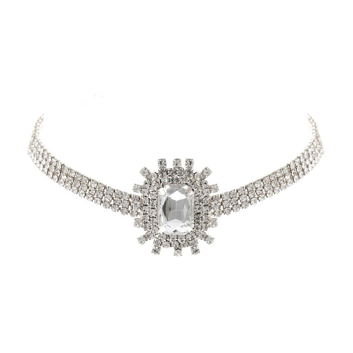 Silver Rectangle Burst Stone Dog Necklace