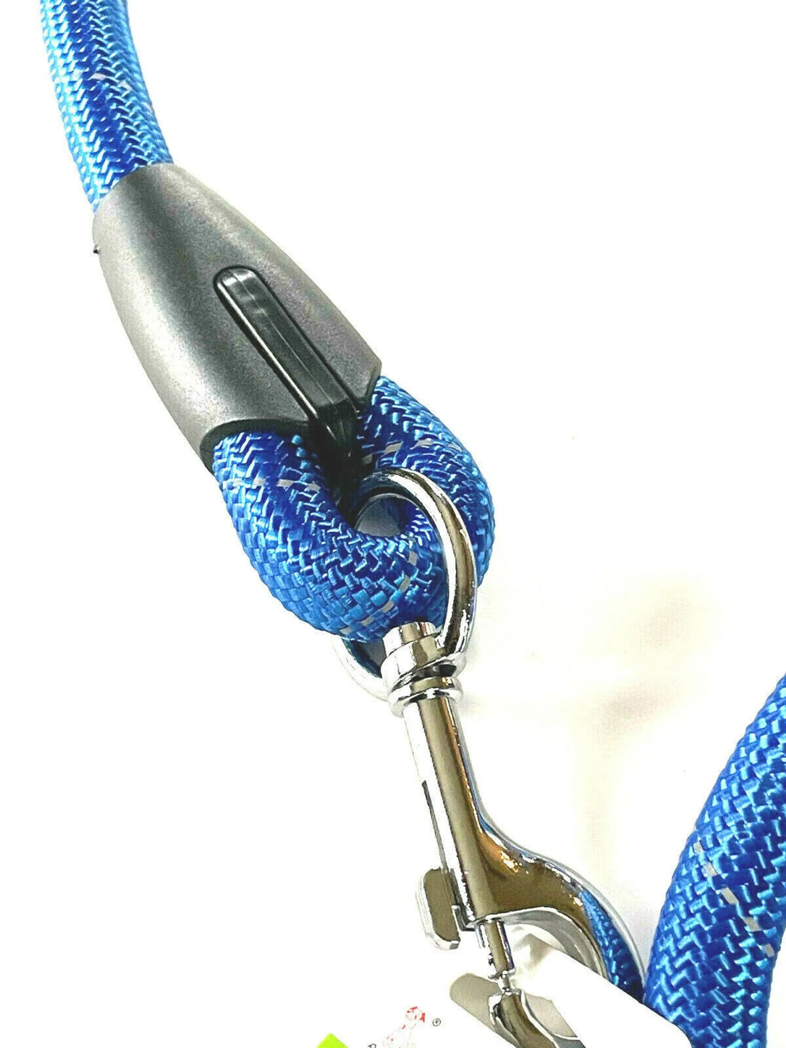 Blue heavy duty reflective nylon dog leash, clasp detail