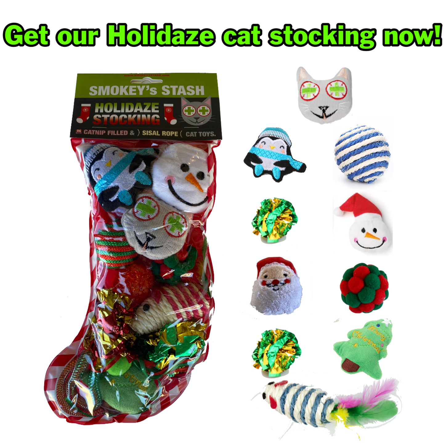 Smokey's Stash Christmas Stocking with 12 Catnip Cat Toys
