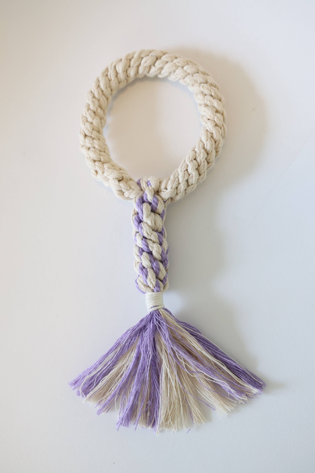 Macrame Dog Tug Rope Toy for Puppies, Purple and White