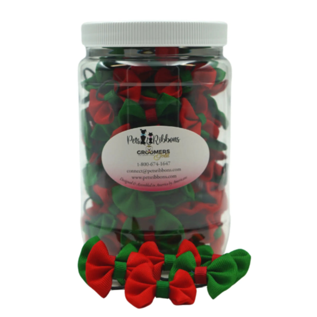 Christmas trimmed pet grooming bows, jar of 100