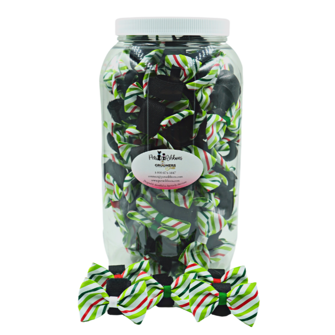 Christmas Candy Stripe Velcro Dog Bows, Jar of 100