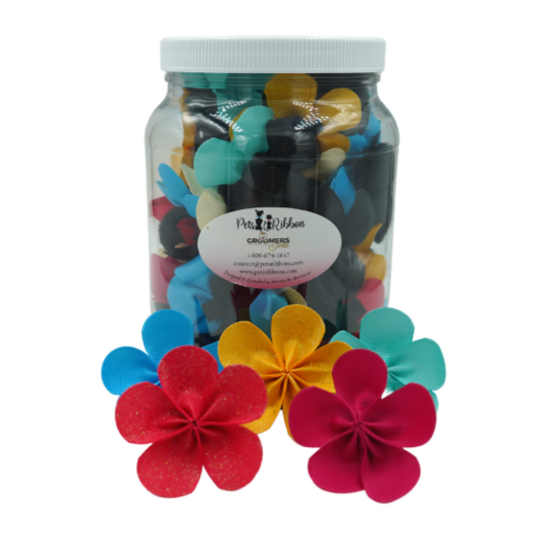 Large Flower Velcro Dog and Cat Grooming Bows in a Jar