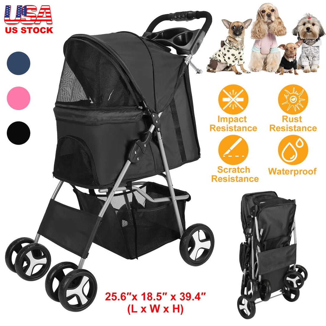 4 Wheels Pet Stroller Foldable Carrier Strolling Cart