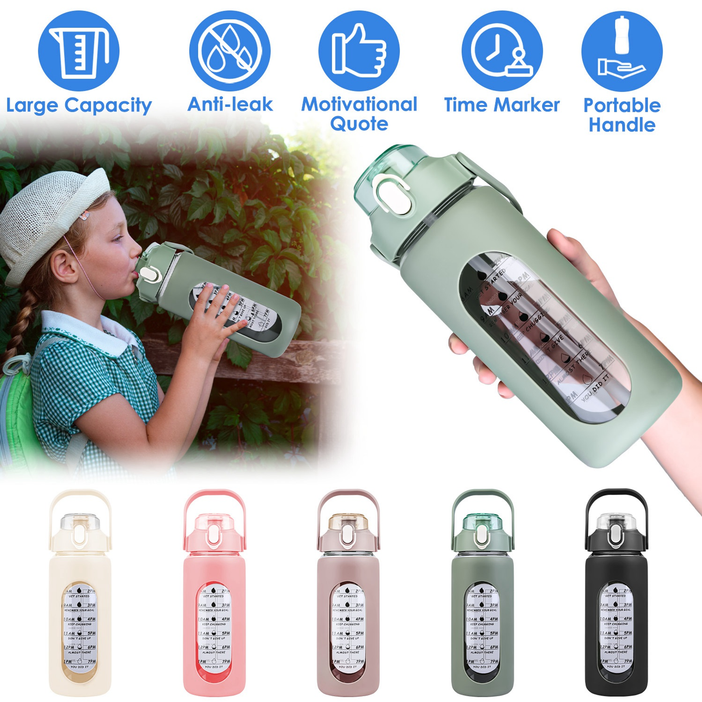 Glass Water Bottle with Straw 34 oz - White
