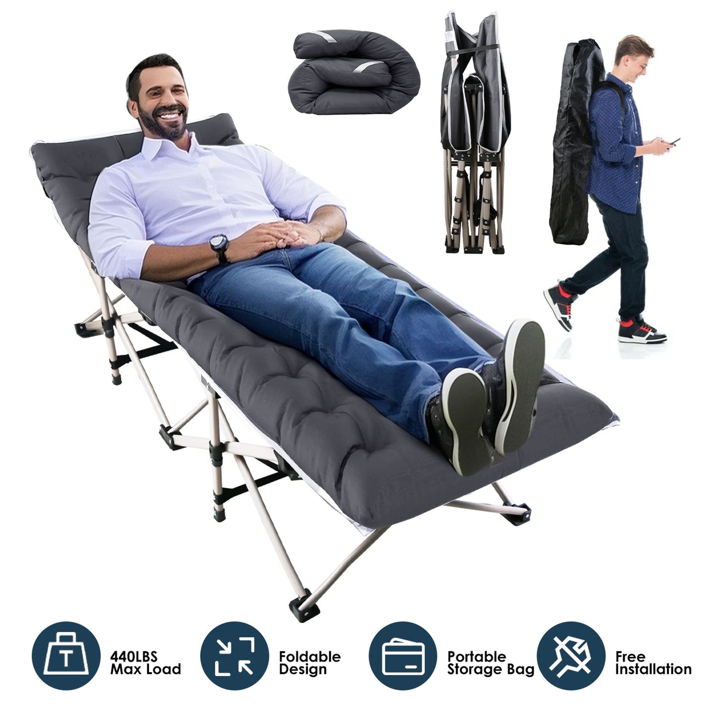 Folding Camping Cot Portable Sleeping Bed - Black