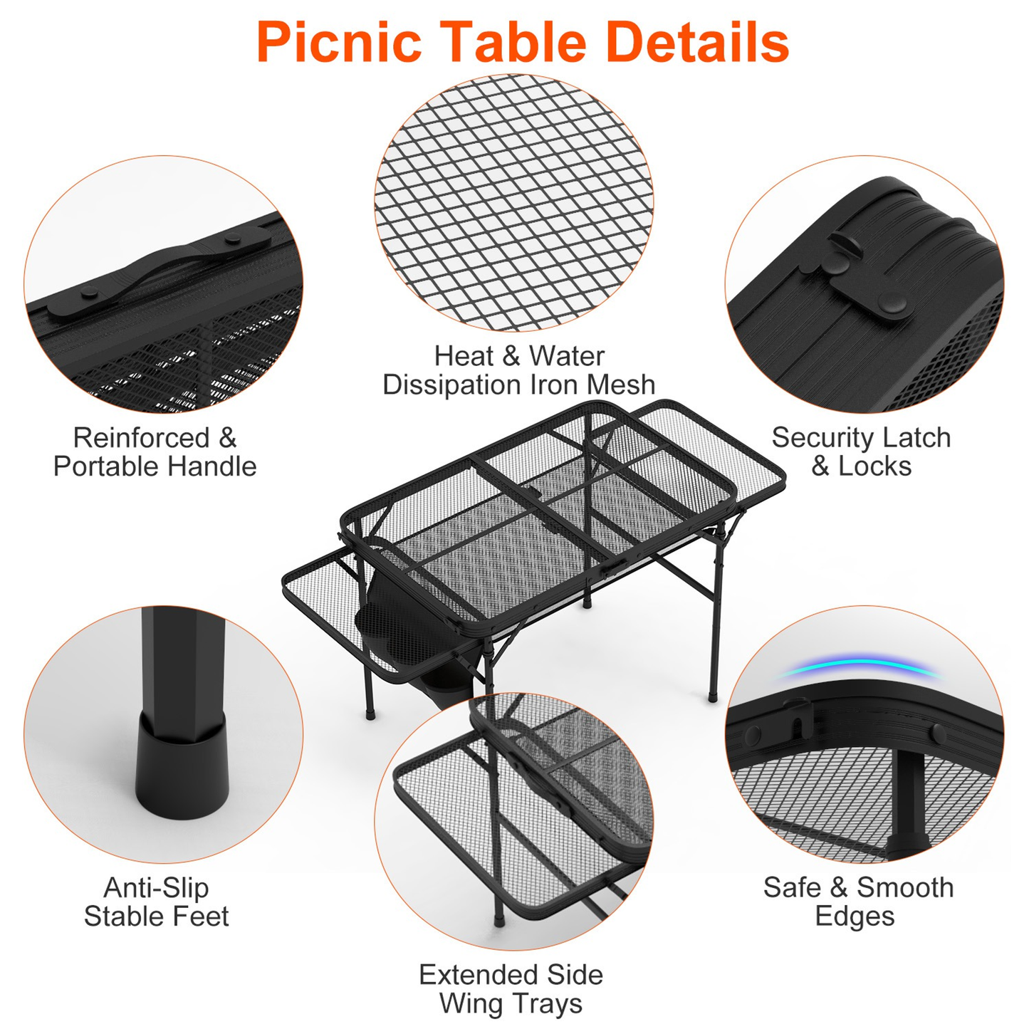Foldable Camping Table with Side Trays and Storage Net