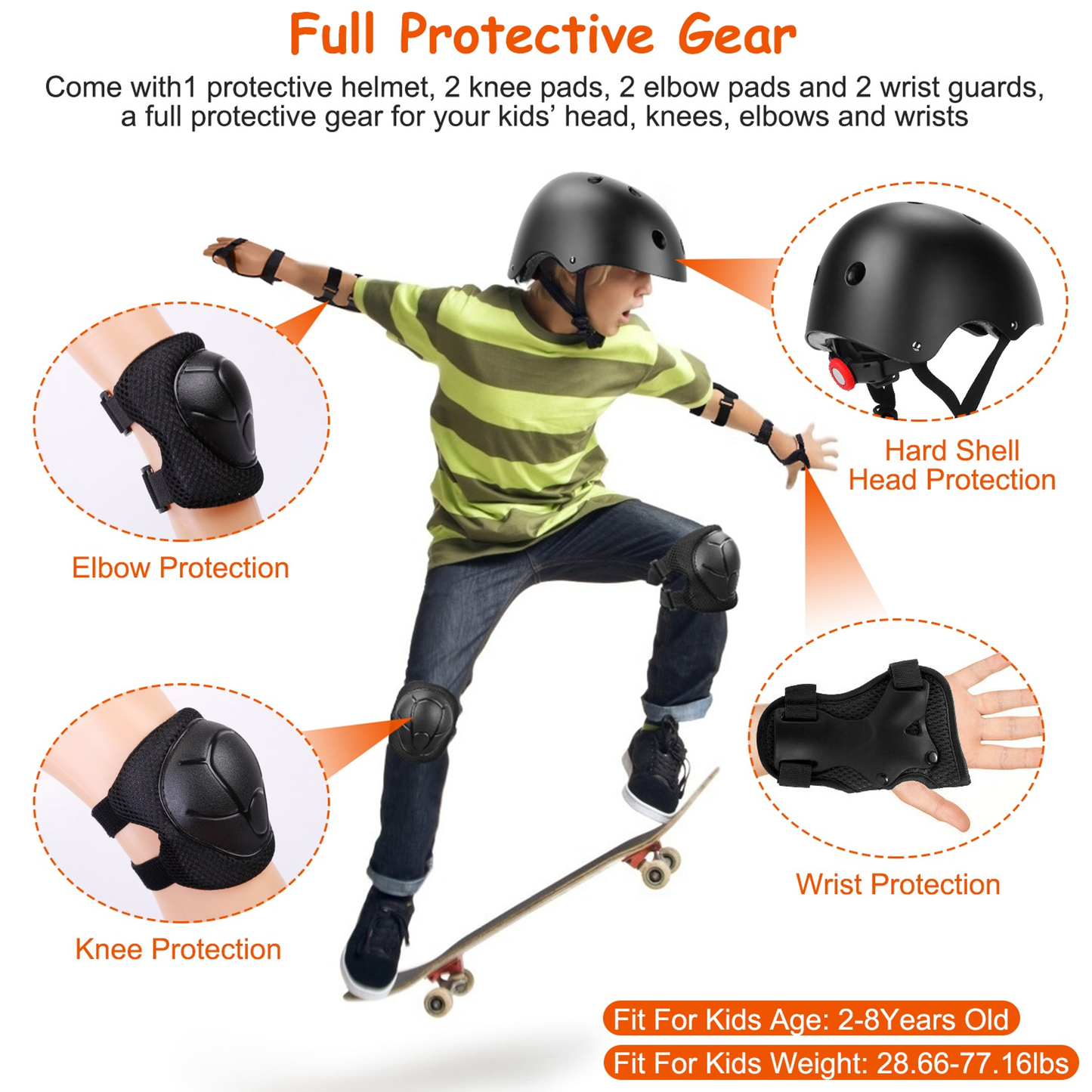7-Piece Kids Safety Helmet and Pad Set, Black
