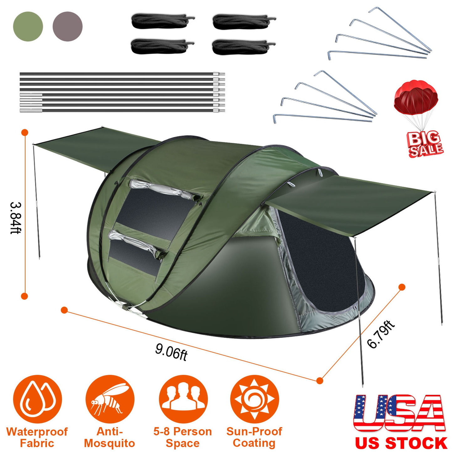 5-8 Person Pro Pop Up Tent Automatic Setup - Green