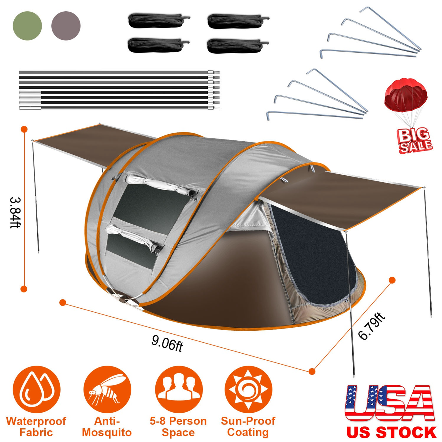 5-8 Person Pro Pop Up Tent Automatic Setup - Khaki