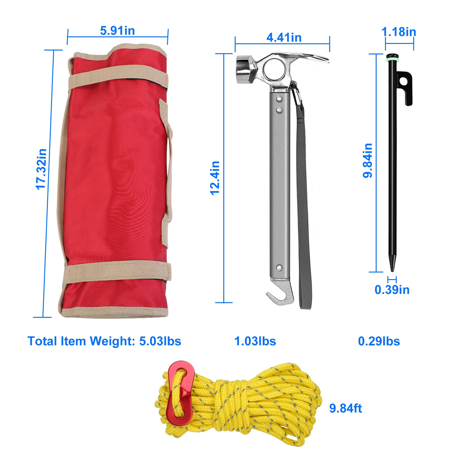 Camping Tent Stakes Set with Hammer and Reflective Ropes