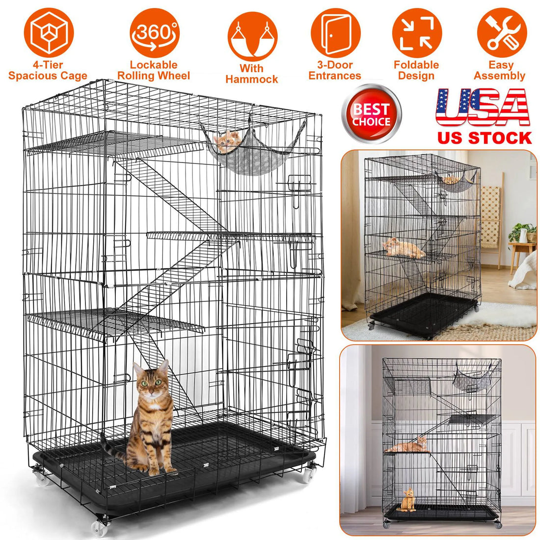 4 Tiers Cat Cage Rolling Metal Cat Playpen Enclosures Cat Kennel House
