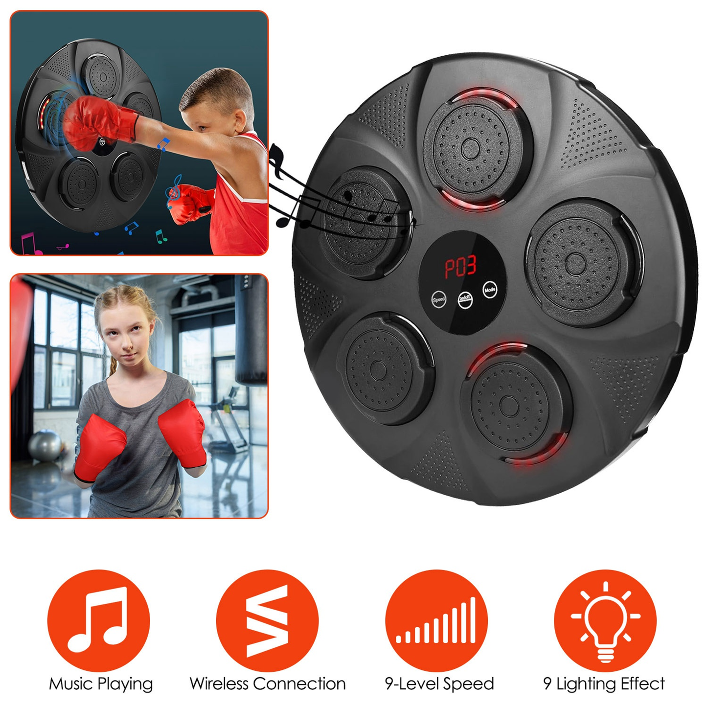 Music Boxing Machine with LED Wall Target and Kids Gloves