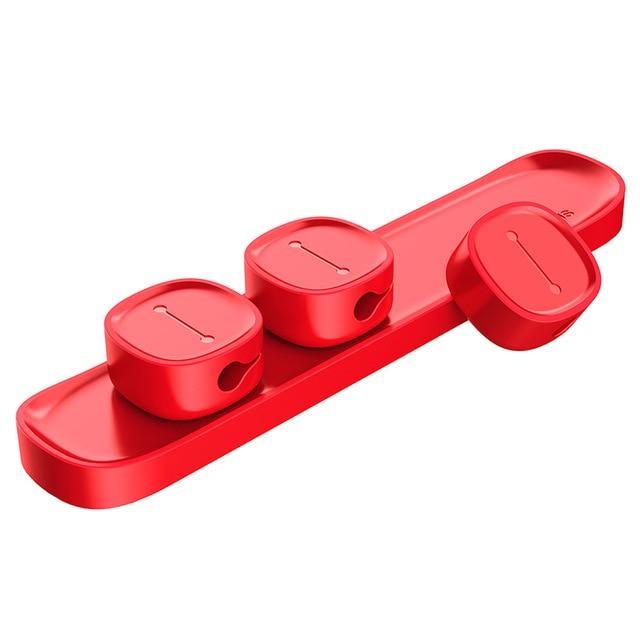 Multiple cable organizers shown together in different colors