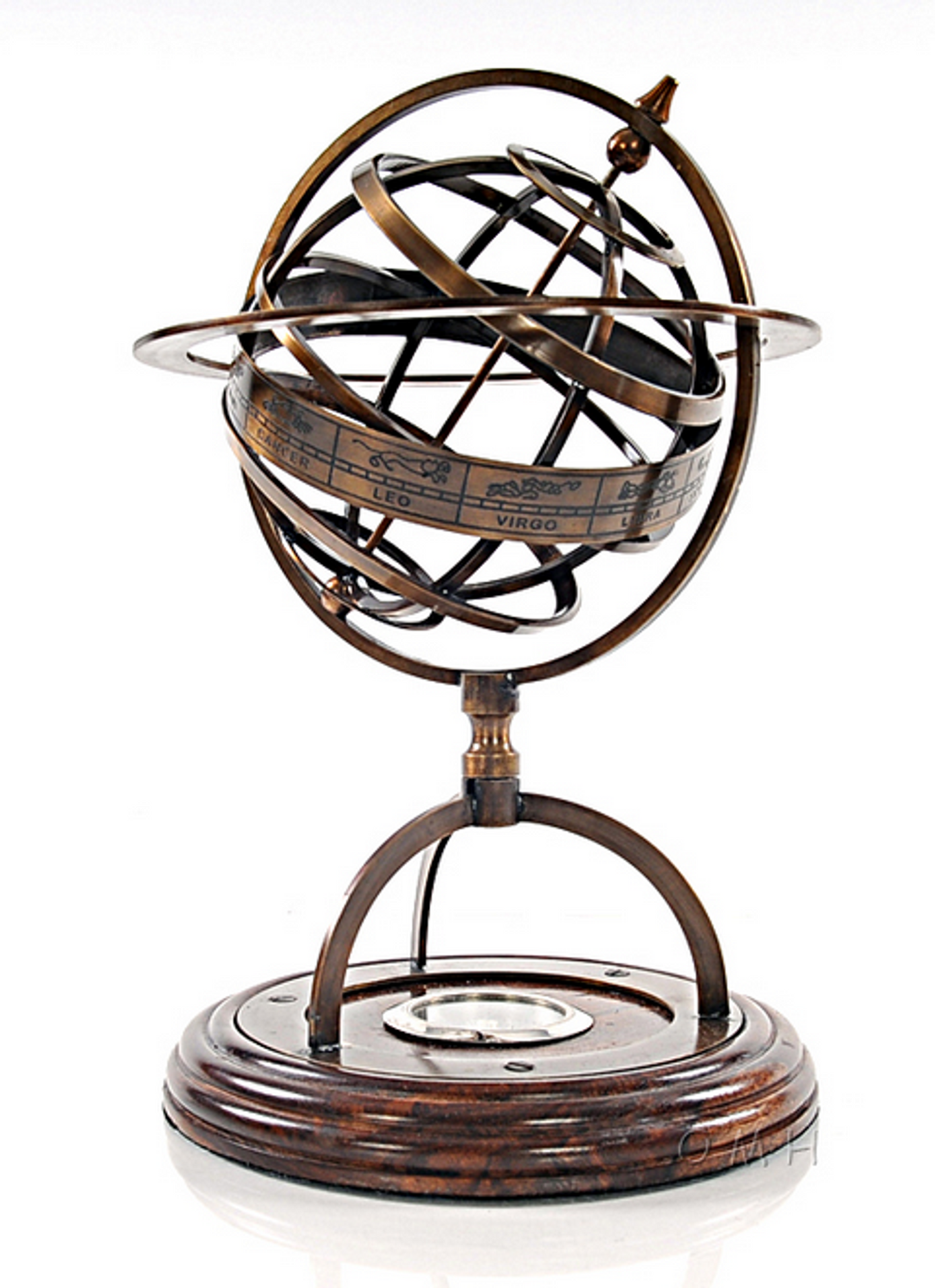 Brass Armillary Globe with Compass on Wooden Base
