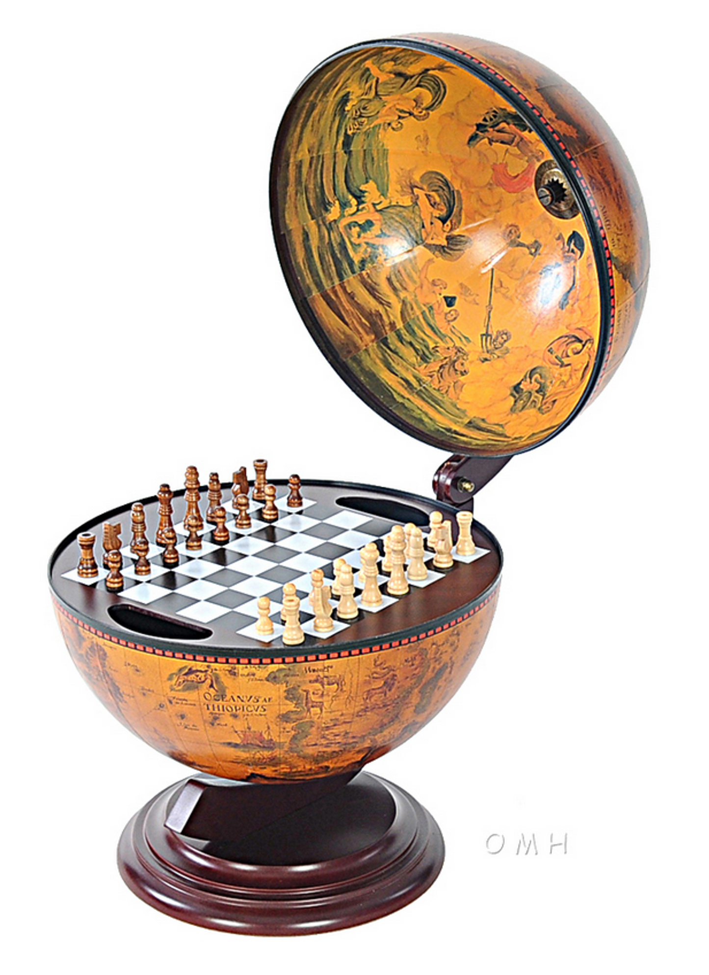 Red Nautical World Globe with Hidden Chess Set, 13 inch