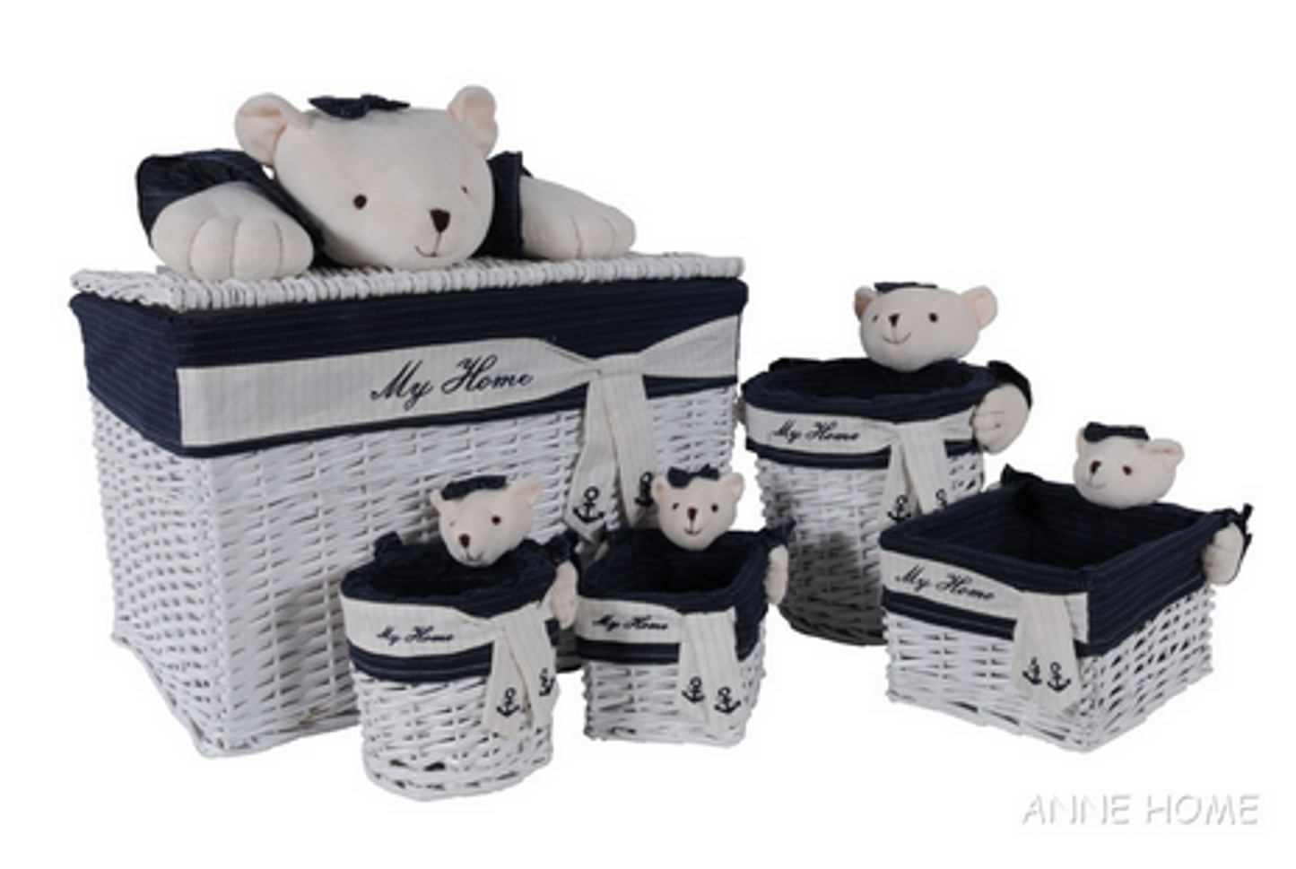Anne Home Set of 5 Bear-Detail Rectangular Willow Baskets