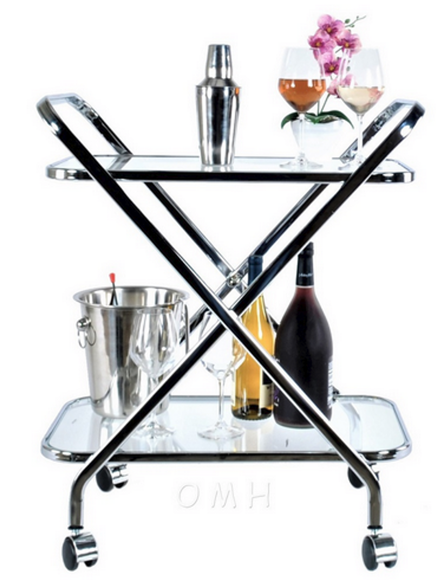 X-Shaped Bar Cart with Tempered Glass Shelves