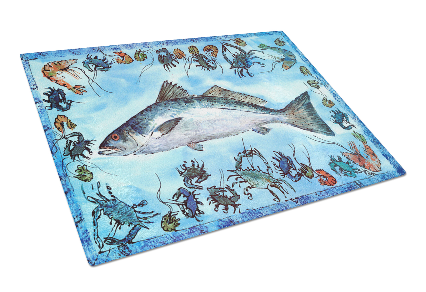 Fish Art Tempered Glass Cutting Board, Large 12 x 15