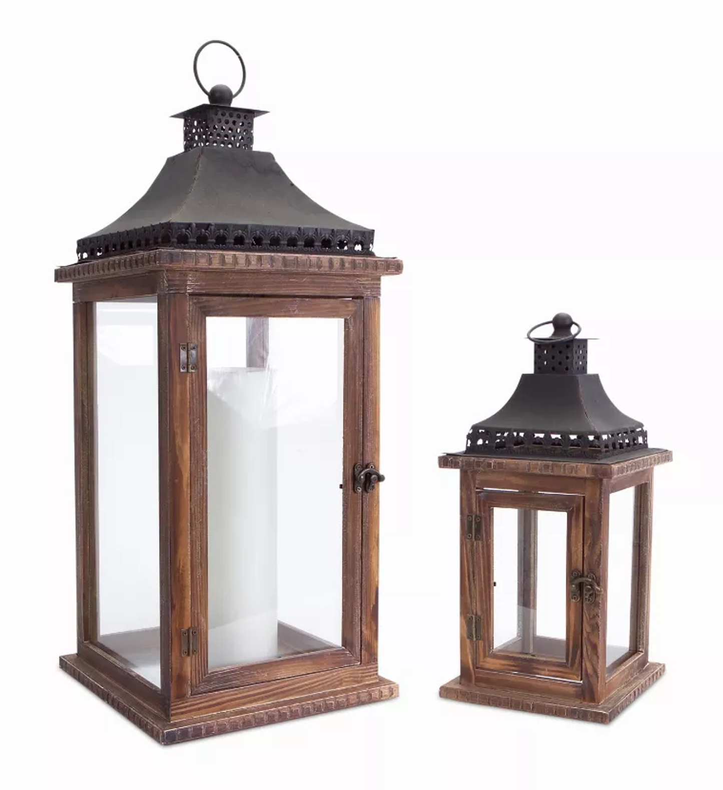 Wood & Iron Lanterns, Set of 2 (14.25-23.5 in)