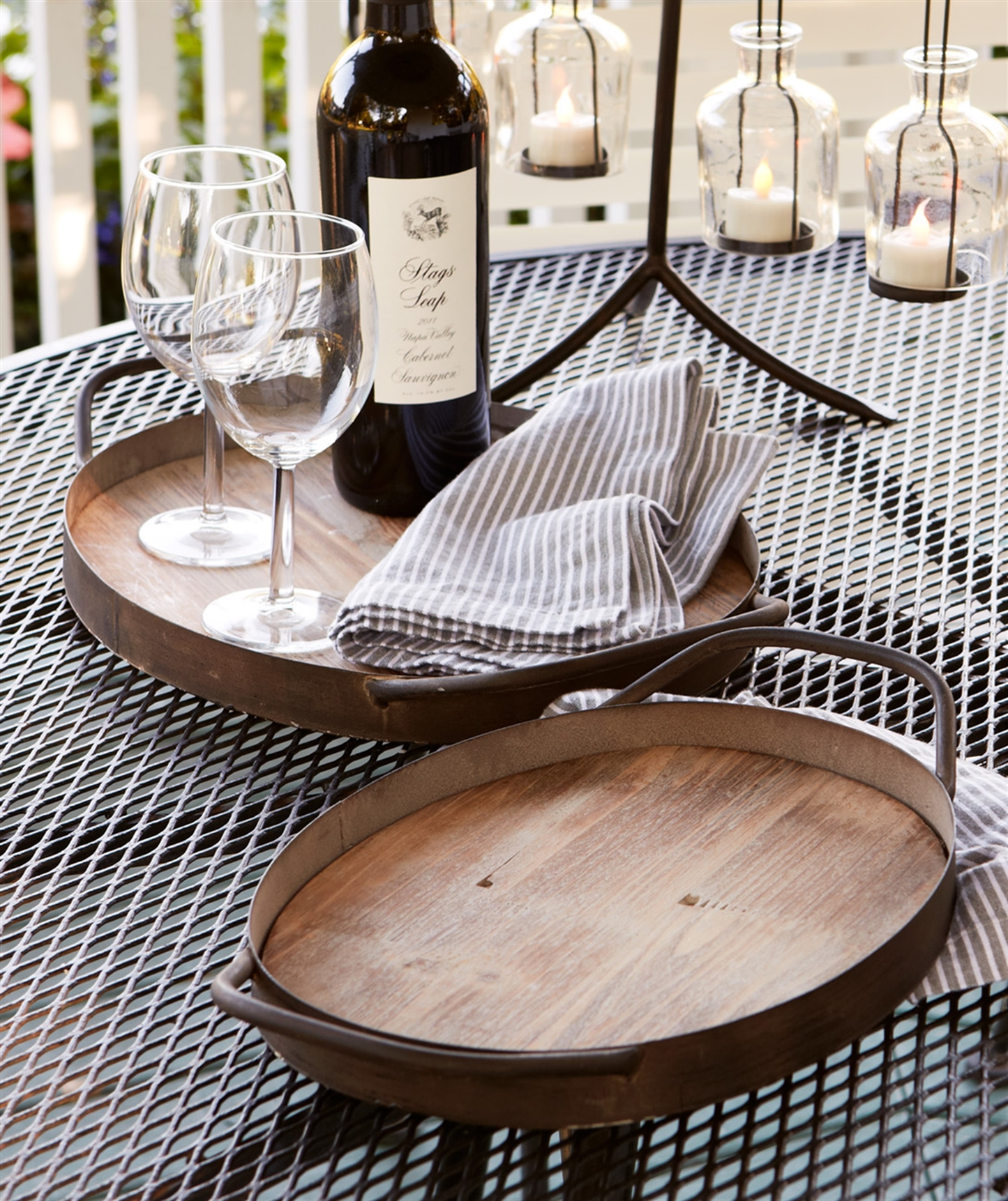 Wood & Metal Wood-Grain Serving Trays, Set of 2