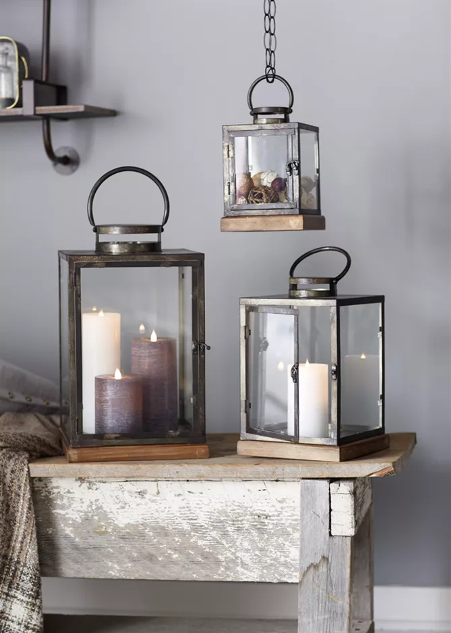 Metal, Glass & Wood Lanterns, Set of 3 (12"H, 16.5"H, 21.5"H)