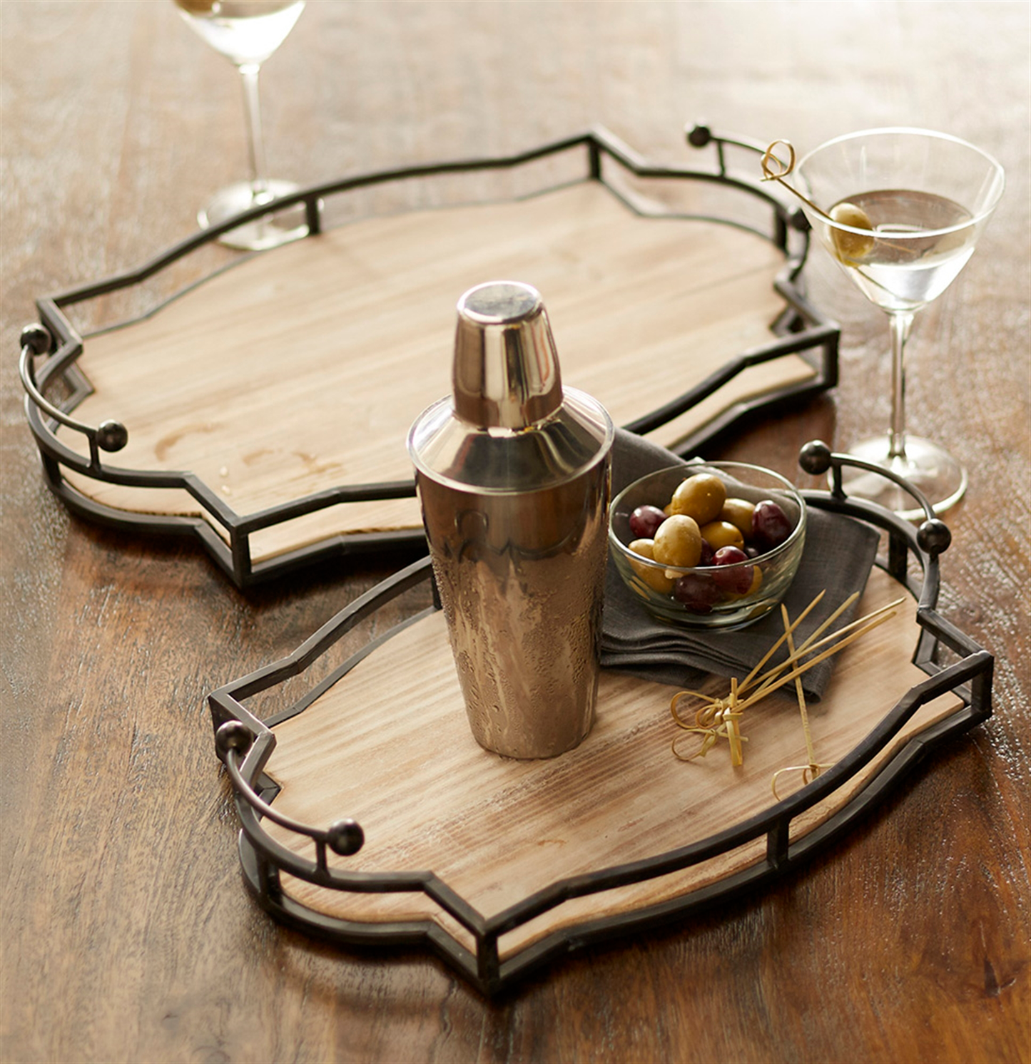 Metal & Wood Decorative Trays, Set of 2 (15.75"L, 18.75"L)