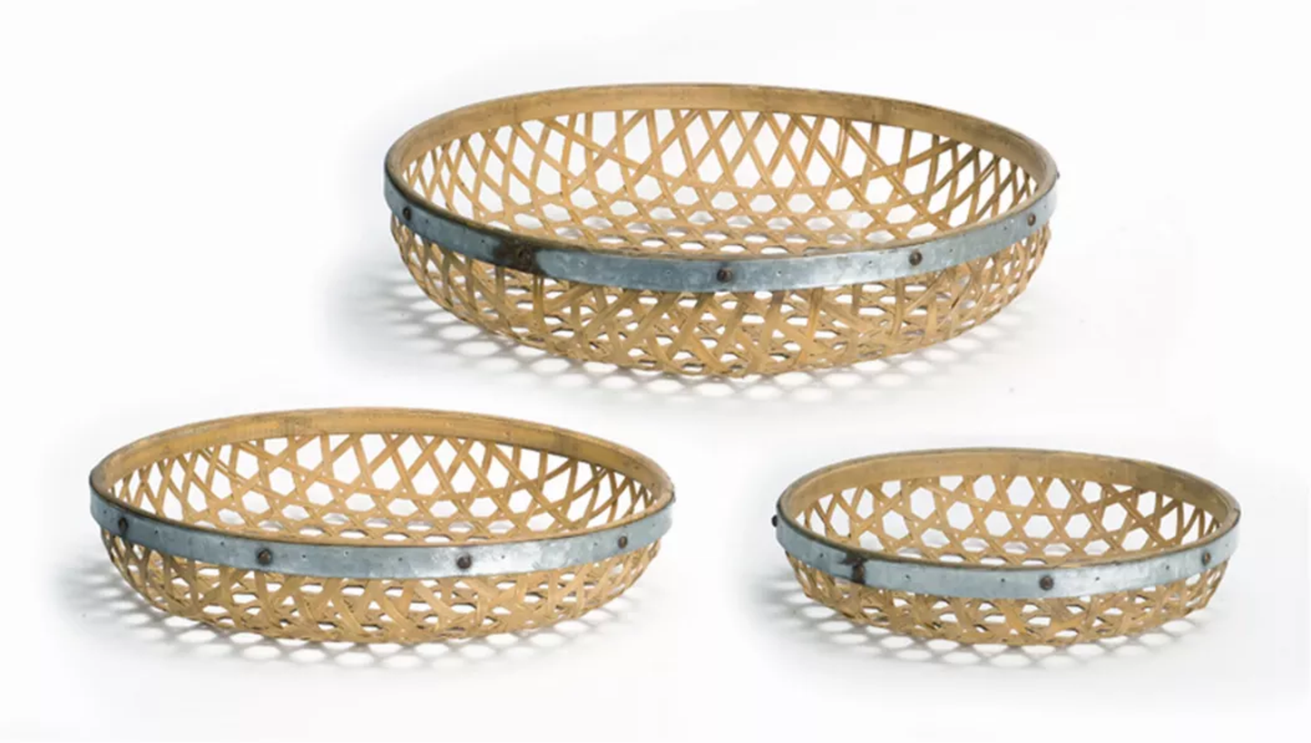 Round Woven Trays, Set of 3 (Bamboo & Metal)