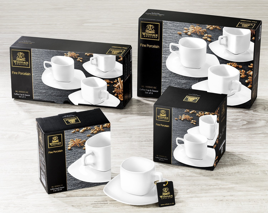 Wilmax Fine Porcelain Coffee Cup and Square Saucer Set, 3 oz, Set of 6