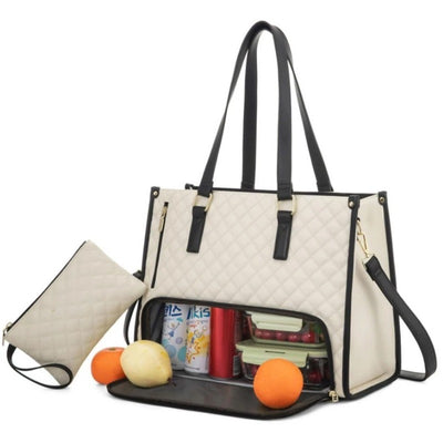Laptop tote with cooler compartment open showing insulated lining