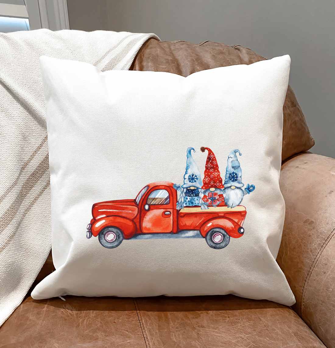 3-Gnomes & A Red Truck Pillow Cover