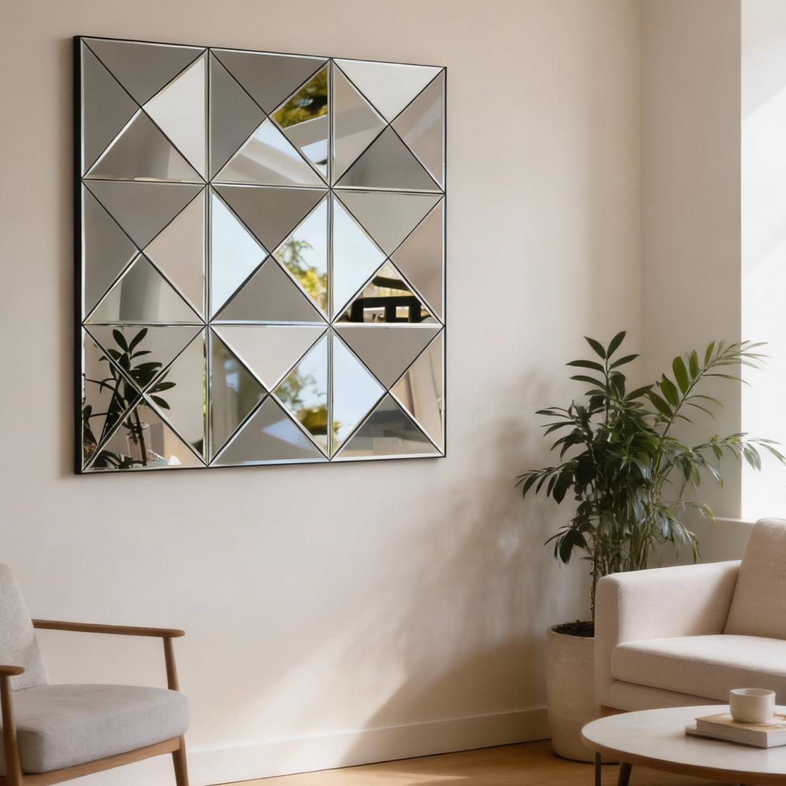 Angled view of beveled glass mirror reflecting light