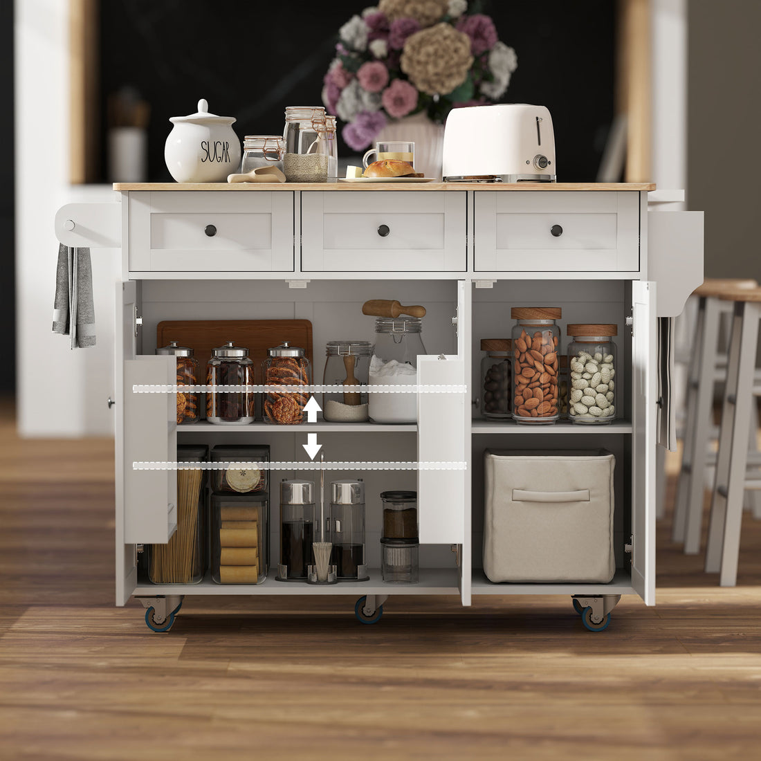 Kitchen island cart organizing utensils and cookware
