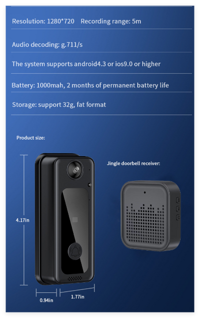 Wireless WiFi Video Doorbell Camera with Chime & Battery