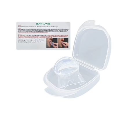 Anti-snoring tongue retainer detail showing soft silicone shape