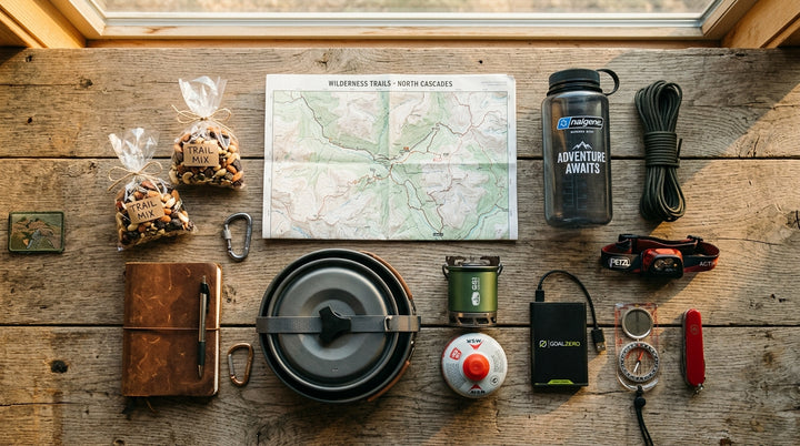 Camping essentials flat lay including cookware set, power bank and outdoor gear