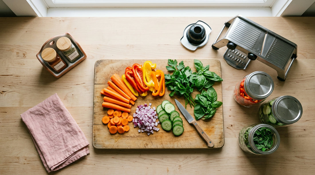 Modern kitchen meal prep flat lay with fresh vegetables, glass storage jars, spice rack, and a vegetable slicer