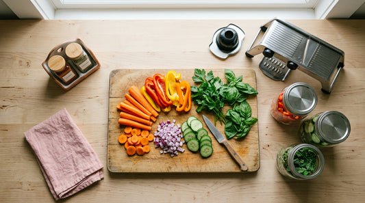 Modern kitchen meal prep flat lay with fresh vegetables, glass storage jars, spice rack, and a vegetable slicer