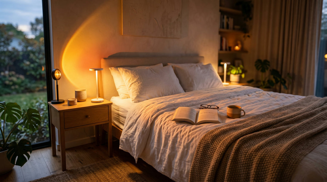 Sunset lamp glowing warm amber in a cozy bedroom