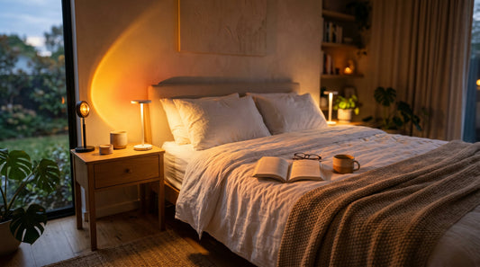 Sunset lamp glowing warm amber in a cozy bedroom