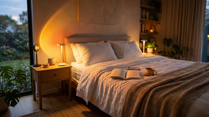 Sunset lamp glowing warm amber in a cozy bedroom