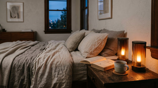 Two cordless LED sunset lamps glowing on a bedside table at twilight
