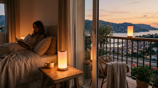Two cordless LED sunset lamps glowing on a wooden nightstand at dusk