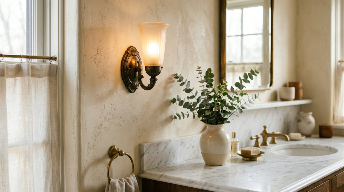 Brass wall sconce in a styled bathroom with marble countertop and warm 2700K glow