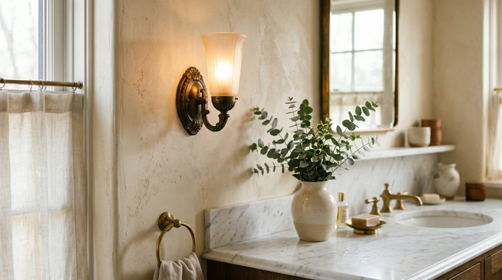 Brass wall sconce in a styled bathroom with marble countertop and warm 2700K glow